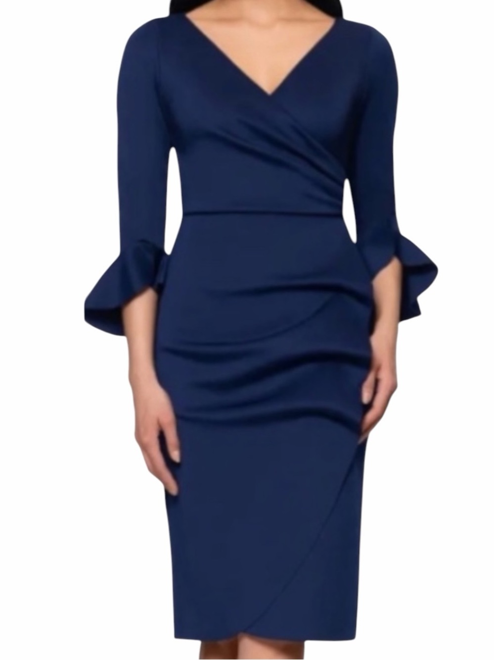 Betsy & Adam Navy Draped Sheath Cocktail Dress Size 8 Bell Sleeve Midi NWT